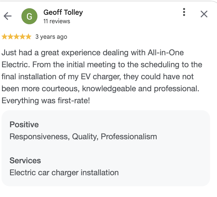 Screenshot of a Google review for a business called All-in-One Electric, praising their electric car charger installation service. The reviewer, Geoff Tolley, gave a 5-star rating and highlighted the professionalism, knowledge, and courteous service 