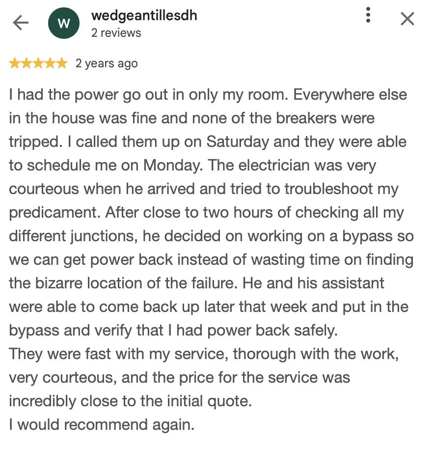 Customer review about electrician service, praising prompt response, courteous staff, thorough work, and reasonable pricing.
