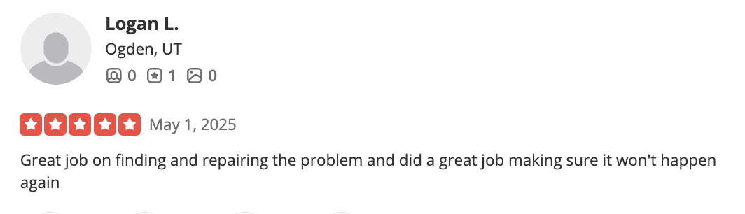 Screenshot of a positive review by Logan L. from Ogden, UT, praising a repair service for finding and fixing a problem.