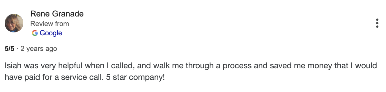 Screenshot of a Google review by Rene Granade praising Isiah for helpful service.