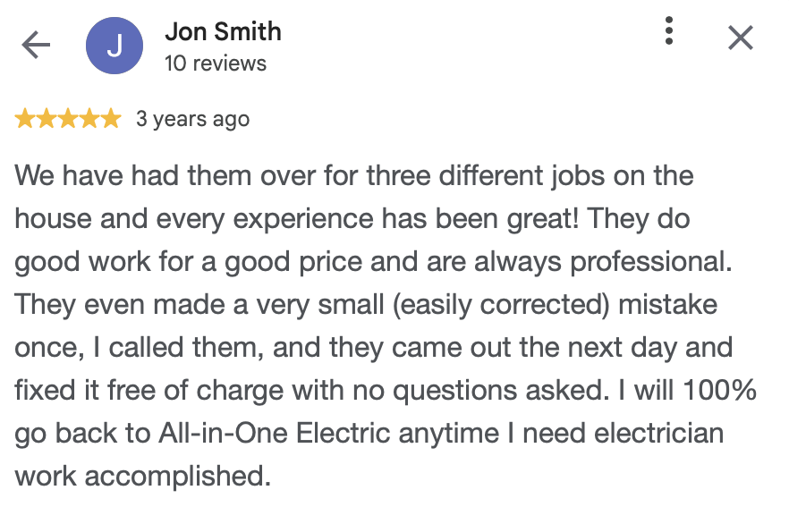Review screenshot from a customer named Jon Smith praising a house electrician's work, professionalism, and reliability.