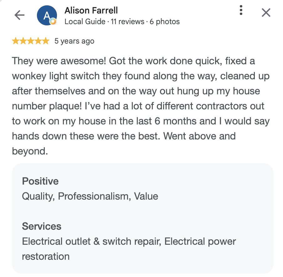 Screenshot of a Google review by Alison Farrell praising electrical services, mentioning fixing a light switch and cleaning up.