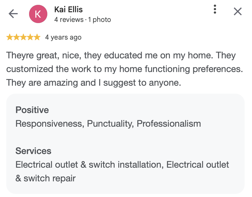 Screenshot of a Google review for an electrical services company by Kai Ellis, five-star rating, praising the company's education, customization, professionalism, and reliability in electrical outlet and switch installation and repair.