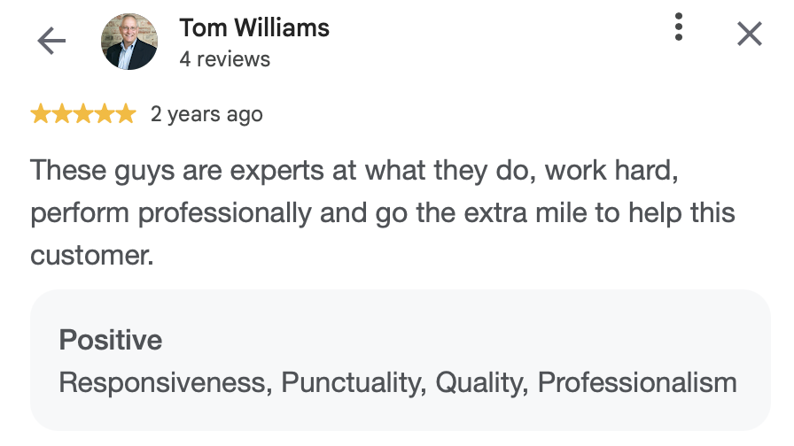 Screenshot of a customer review for a service, praising the experts for their professionalism and extra effort, posted by Tom Williams.