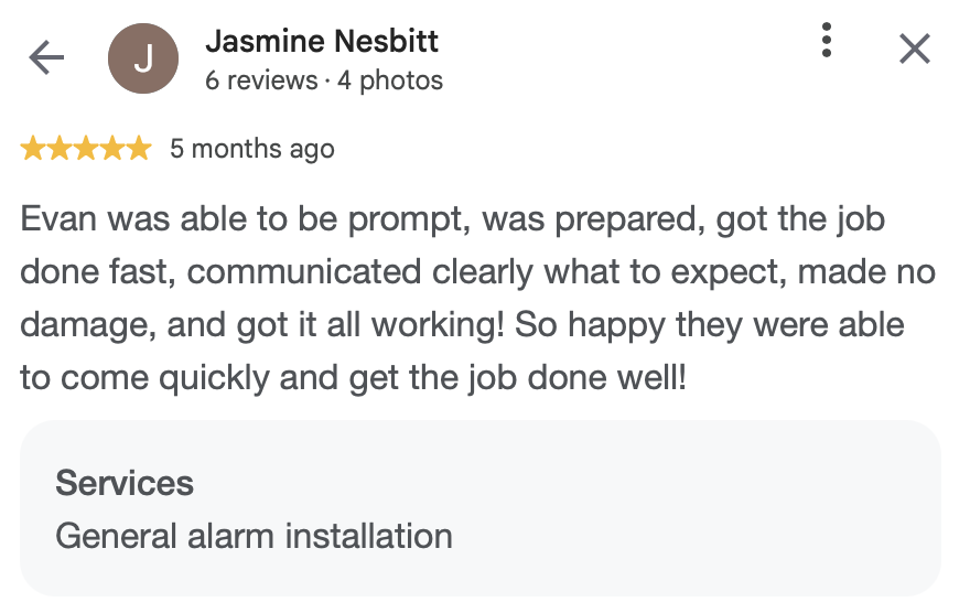 Review for a service provider named Jasmine Nesbitt, who provides general alarm installation services. The review praises the punctuality, preparation, clear communication, and quality of work.