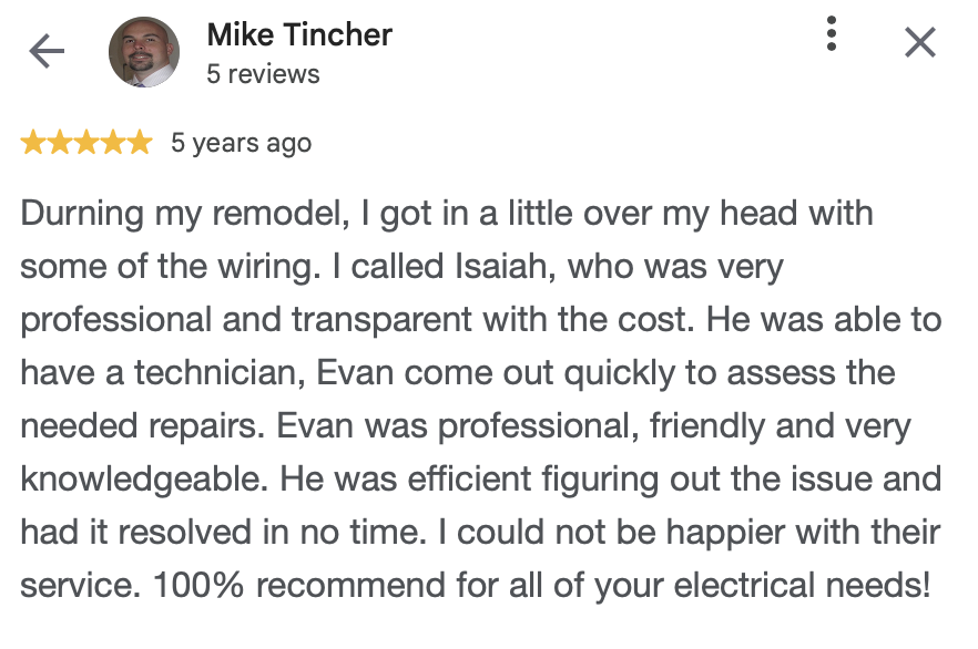 Screenshot of a five-star Yelp review for an electrical service company, written by Mike Tincher, praising technician Evan for prompt, professional, and knowledgeable service.
