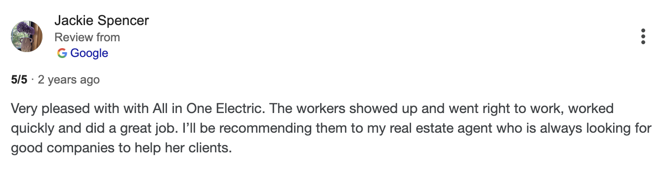 Screenshot of a Google review from Jackie Spencer praising All in One Electric for their work and recommending their services.