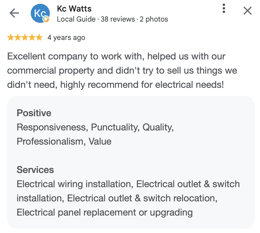 Customer review for Kc Watts, an electrical services company, praising responsiveness, punctuality, quality, professionalism, and value, with services including electrical wiring, outlet and switch installation, outlet and switch relocation, and pane