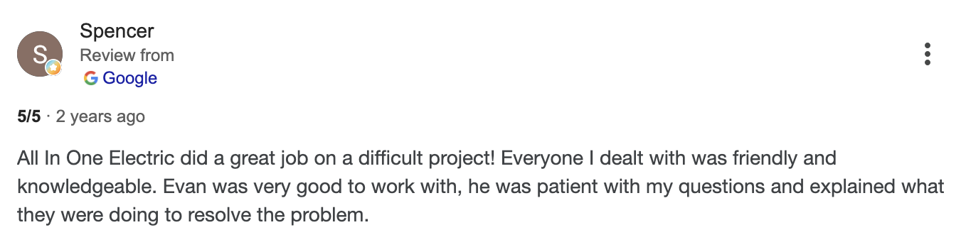 Screenshot of an online review praising All In One Electric for their friendly and knowledgeable service, particularly highlighting Evan for his patience and problem-solving.