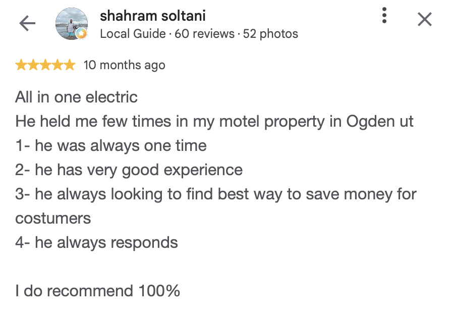 A screenshot of a Google review by Shahram Soltani, praising an electrician in Ogden, Utah, mentioning his excellent experience, responsiveness, and cost-saving advice.
