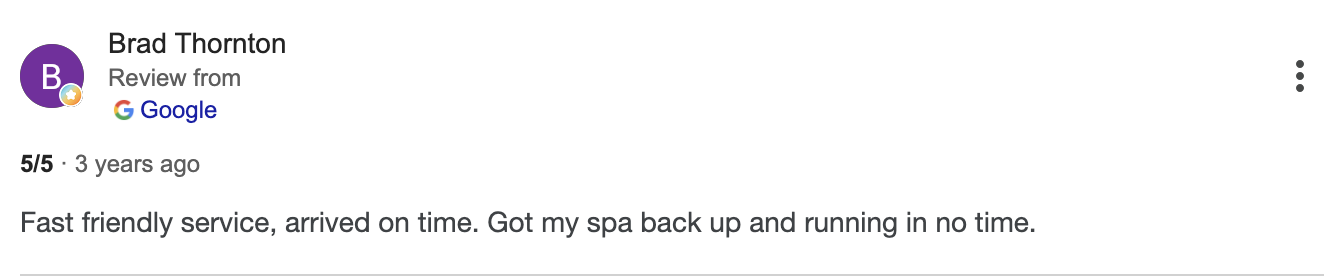 Text review stating the reviewer received fast, friendly service, and was quickly back from a spa visit.