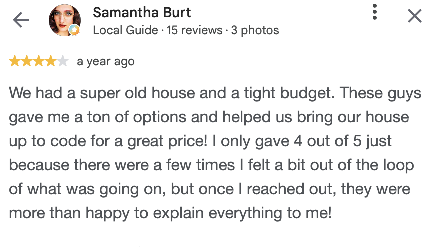 Screenshot of a Google review by Samantha Burt about home renovation services, with a 4-star rating and positive comments.