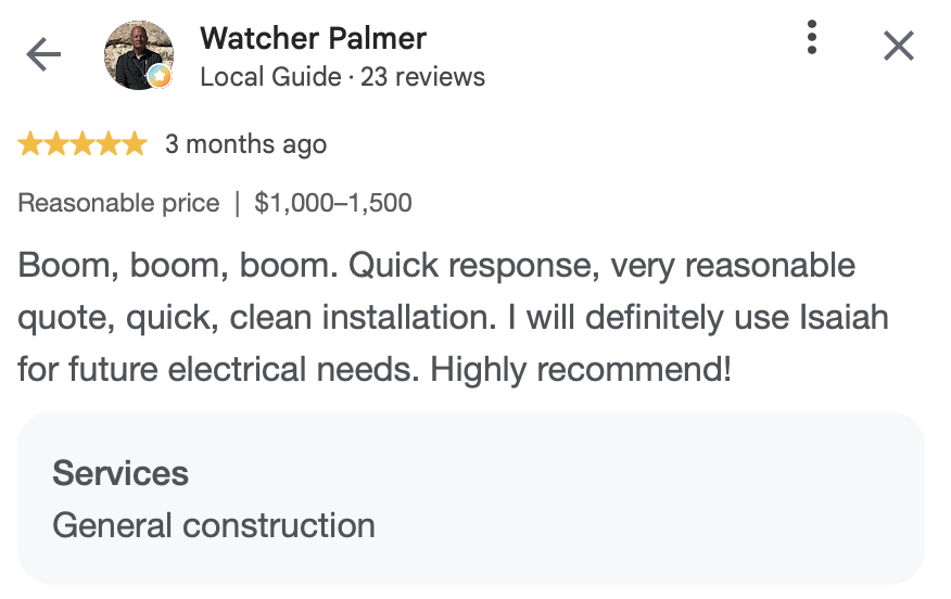 Review for Watcher Palmer praising quick response, reasonable quote, and clean electrical installation, recommending service for future electrical needs.