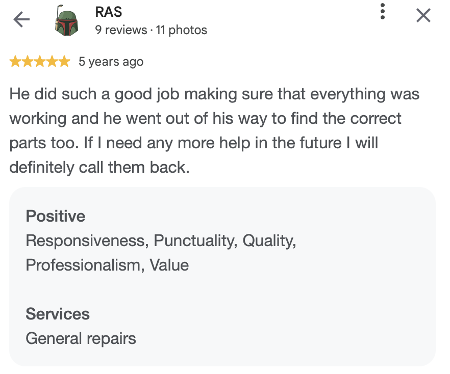 Customer review praising a mechanic for their professionalism, responsiveness, punctuality, and quality of work, mentioning the mechanic went out of his way to find the right parts and expressing intent to call back for future help.