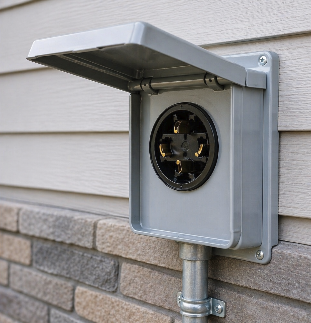 An outdoor electrical outlet box with a cover, mounted on the side of a house with beige siding and brick foundation, showing a circular socket without a plug.