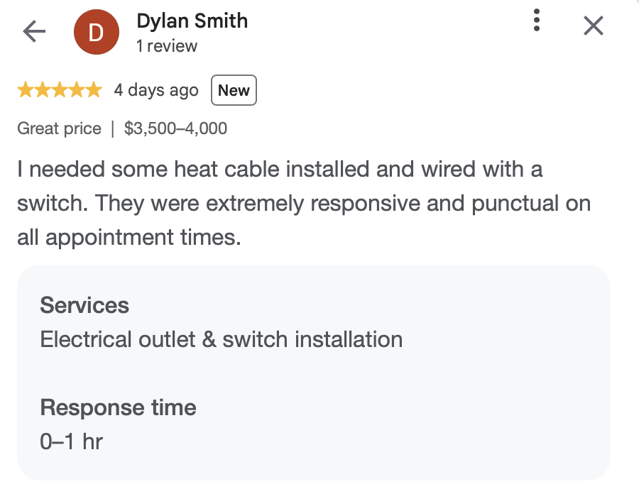 Google review for an electrician service. Shows a 5-star rating by Dylan Smith, who mentions a quick and responsive heat cable installation with a switch, costing between $3,500 and $4,000.