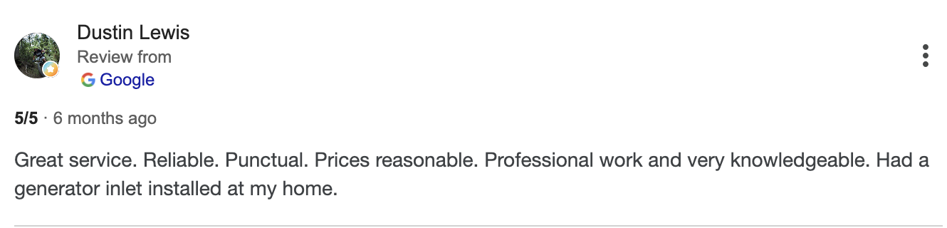 Review from Dustin Lewis about generator inlet installation at home.