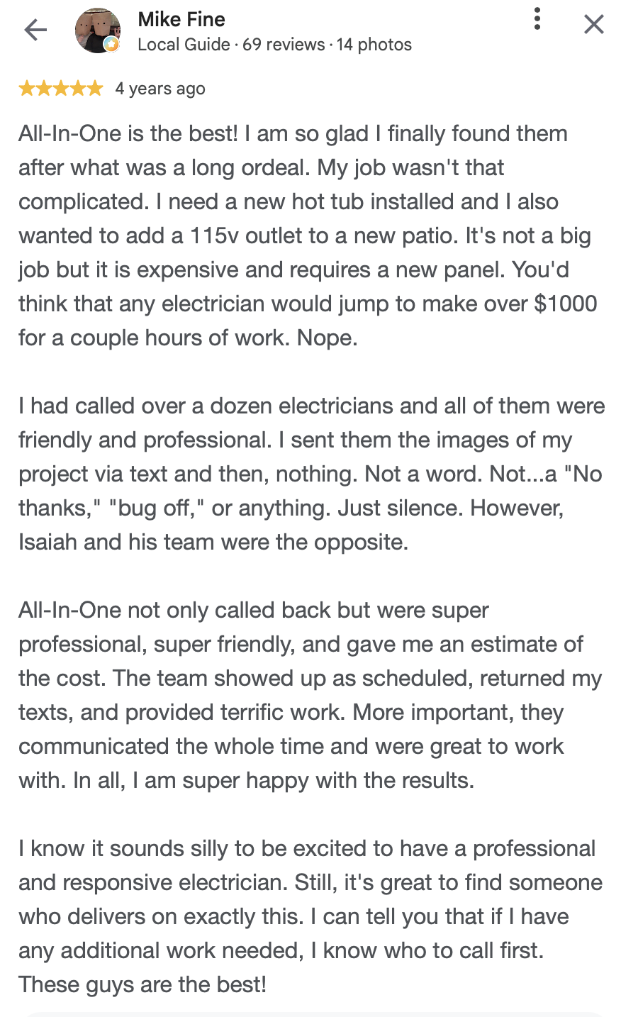 Screenshot of a Google review for an electrician, praising their professionalism and work quality, written by Mike Fine.