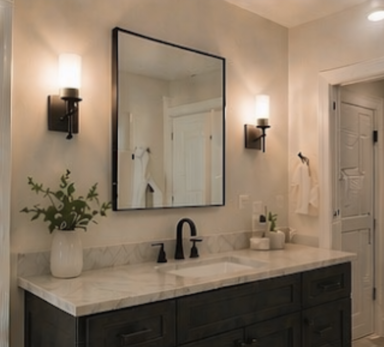 Bathroom with marble countertop, black faucet, large mirror, wall-mounted lights, and towel rings with white towels.