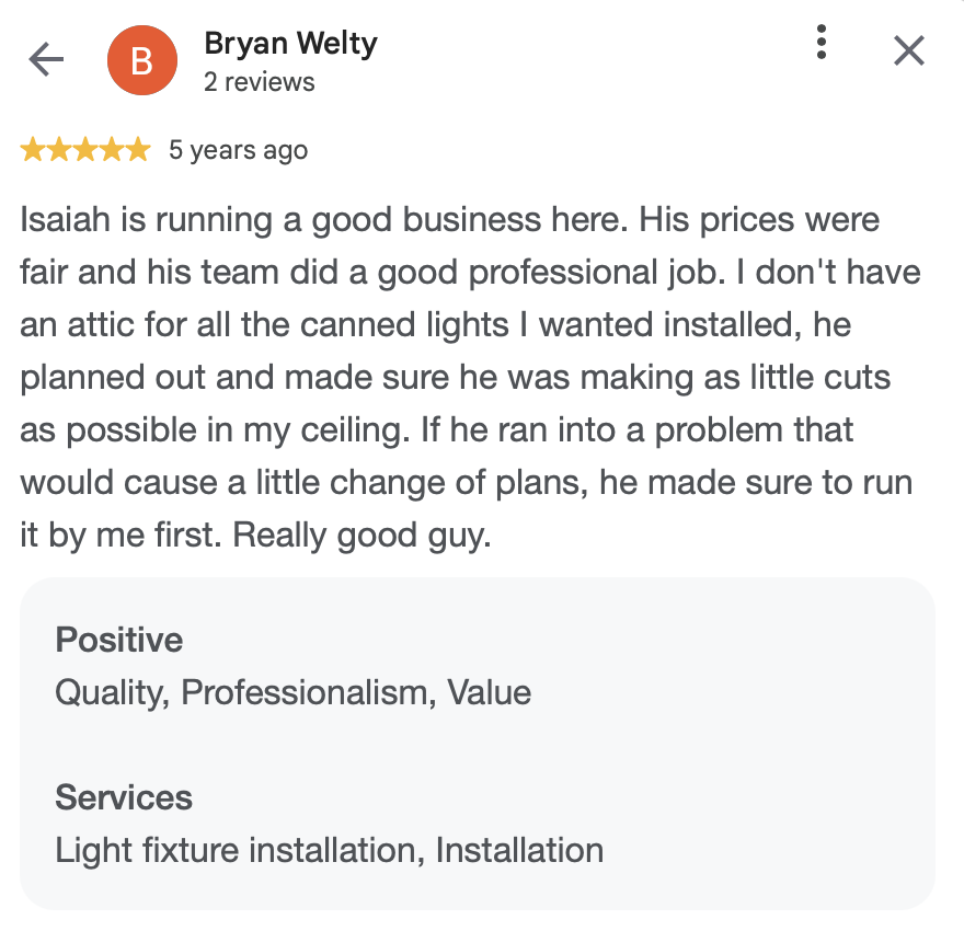 Customer review for a lighting fixture installation, praising the worker's professionalism and careful planning.