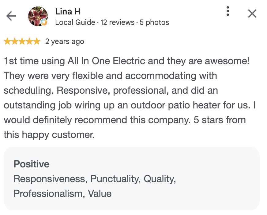A positive online review from Lina H praising All In One Electric for their flexibility, professionalism, and quality in wiring an outdoor patio heater, with a 5-star rating and positive feedback about responsiveness and punctuality.
