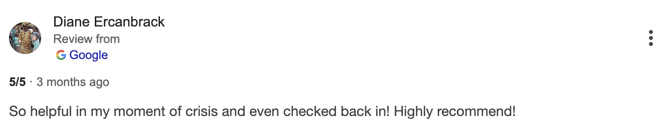 Screenshot of a Google review by Diane Ecranbrack, rating 5 out of 5 stars, praising a helpful service during a personal crisis.