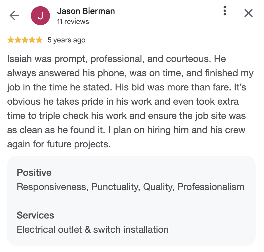 Screenshot of a five-star customer review for electrician Isaiah, praising his promptness, professionalism, and quality work, with positive comments on responsiveness and punctuality.