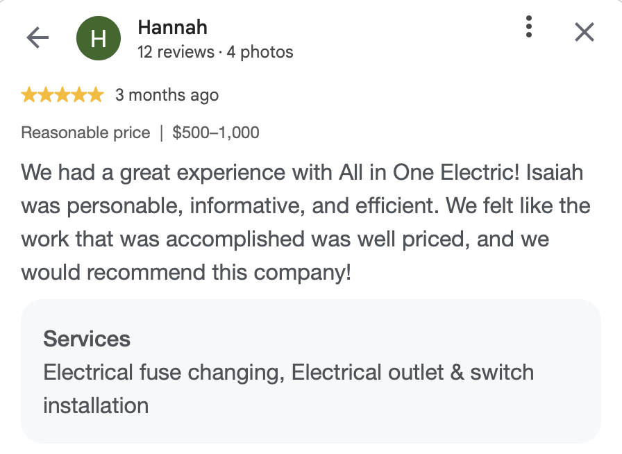Review for All in One Electric from Hannah, mentioning services like electrical fuse changing and outlet switch installation.