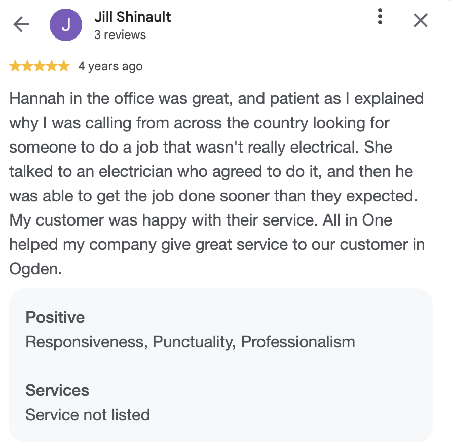 Screenshot of a Google review for a service, mentioning positive experience with an electrician and the company's good customer service.