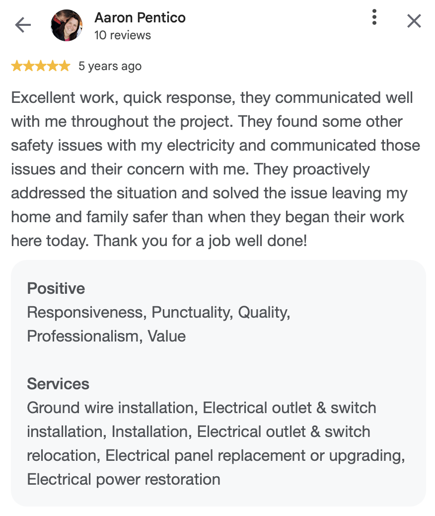 Customer review and feedback for an electrician, praising their responsiveness, professionalism, and electrical services.