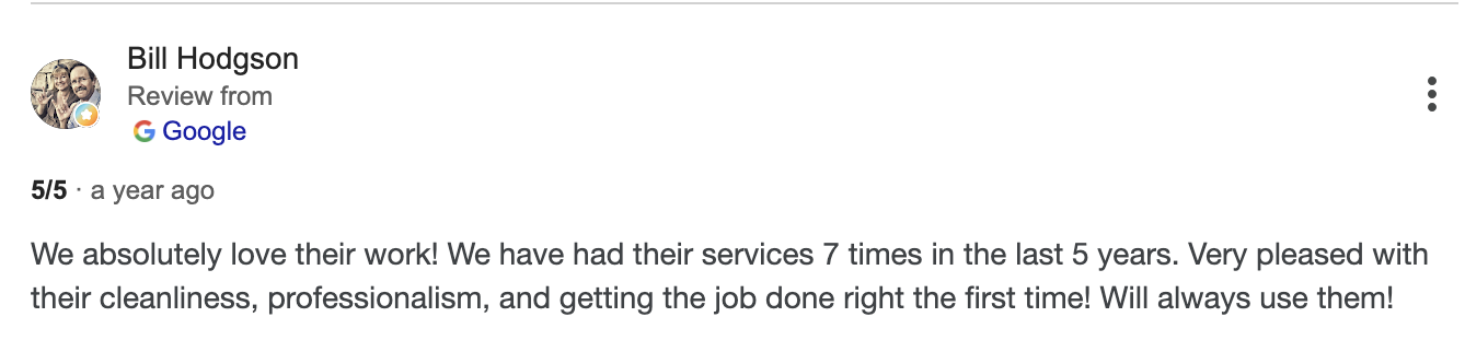 Google review praising a service for professionalism and cleanliness.