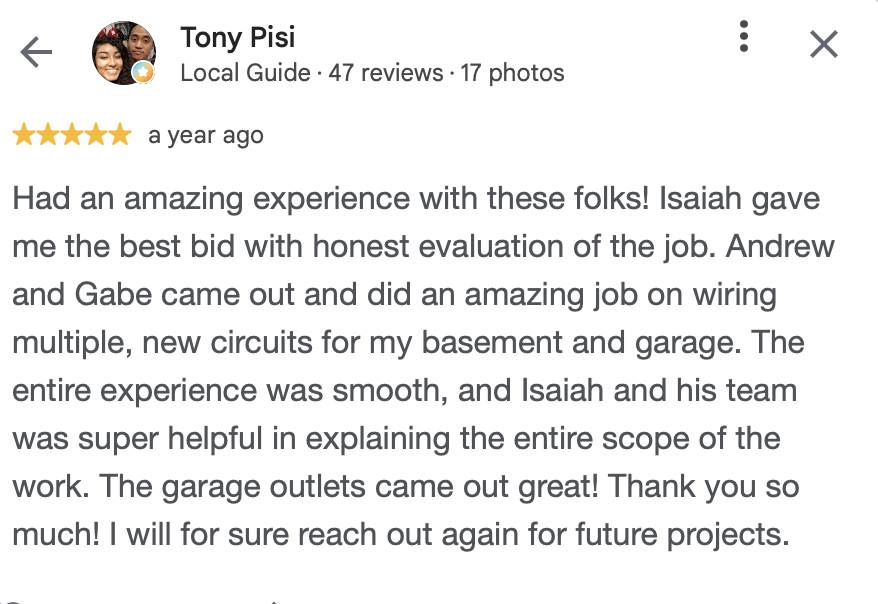 positive review for a service, showing five stars, from Tony Pisi, praising Isaiah and Gabe for their work on wiring circuits for a basement and garage.