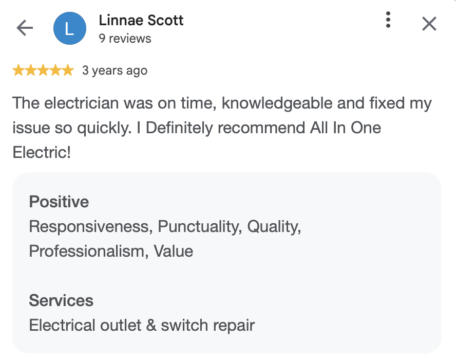 Customer review for an electrician service, praising promptness and professionalism.