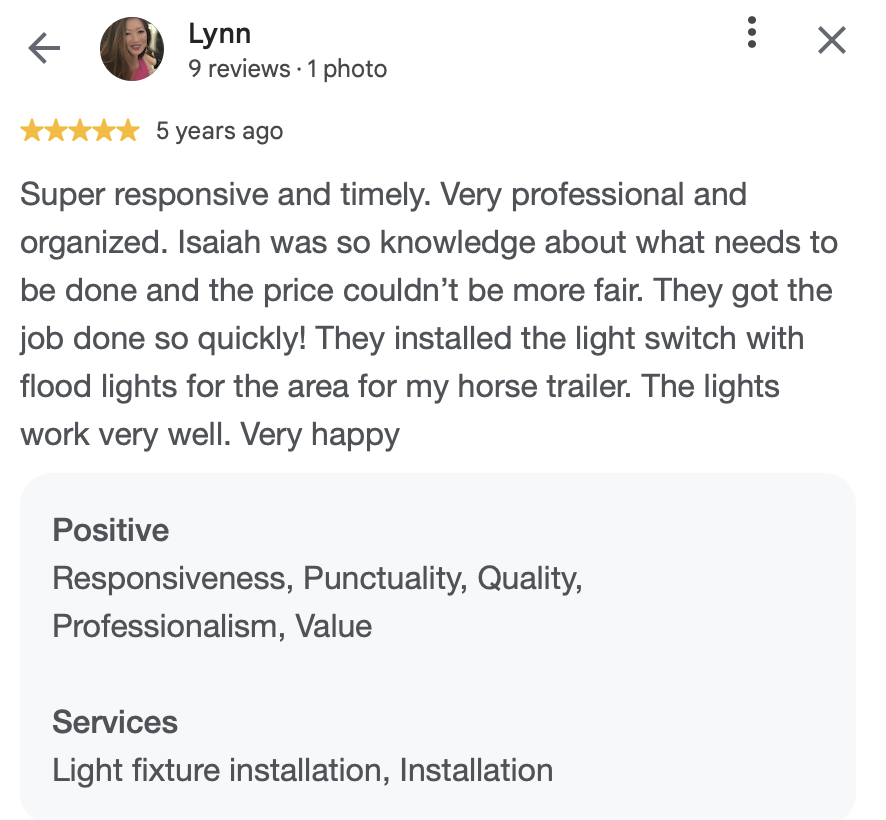A customer review for a lighting service, mentioning installation of floodlights for a horse trailer's area and positive feedback on responsiveness and professionalism.