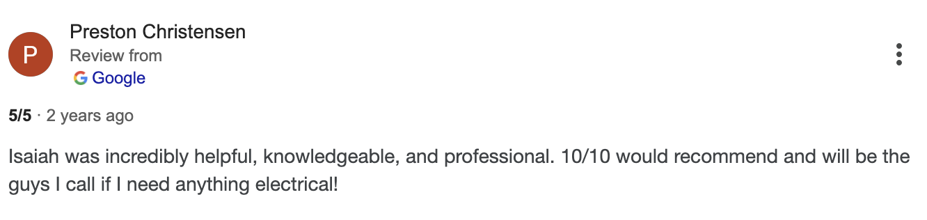 Review on Google from Preston Christensen praising Isaiah for being helpful, knowledgeable, and professional in electrical work.