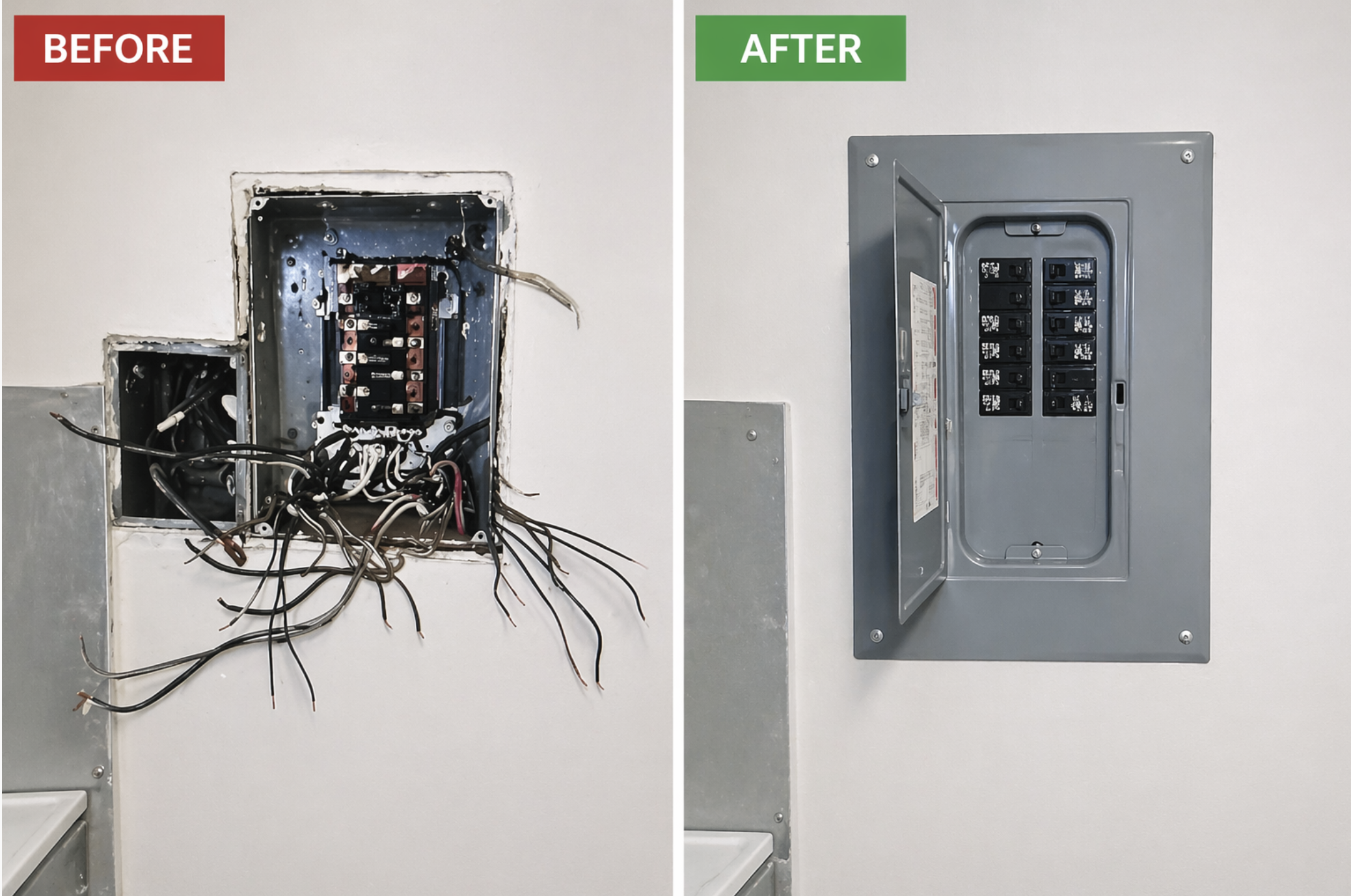 Side-by-side comparison of an electrical circuit breaker panel before and after replacement. The 'before' image shows a damaged and incomplete panel with tangled wires, and the 'after' image shows a new, clean, and fully enclosed panel.