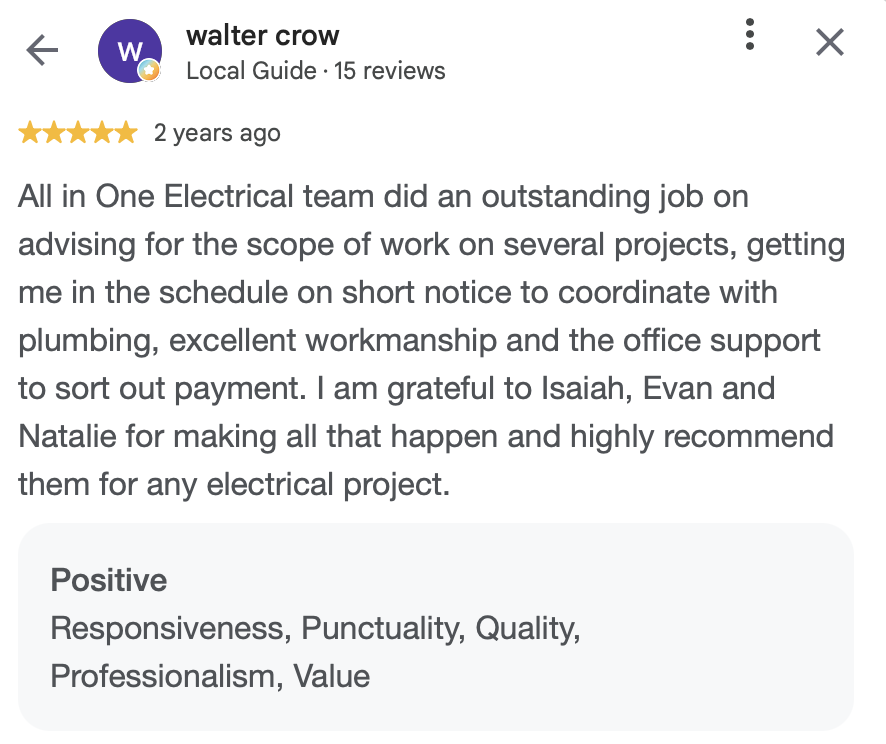 Screenshot of a positive review for All in One Electrical, highlighting their good communication, punctuality, professionalism, and value.