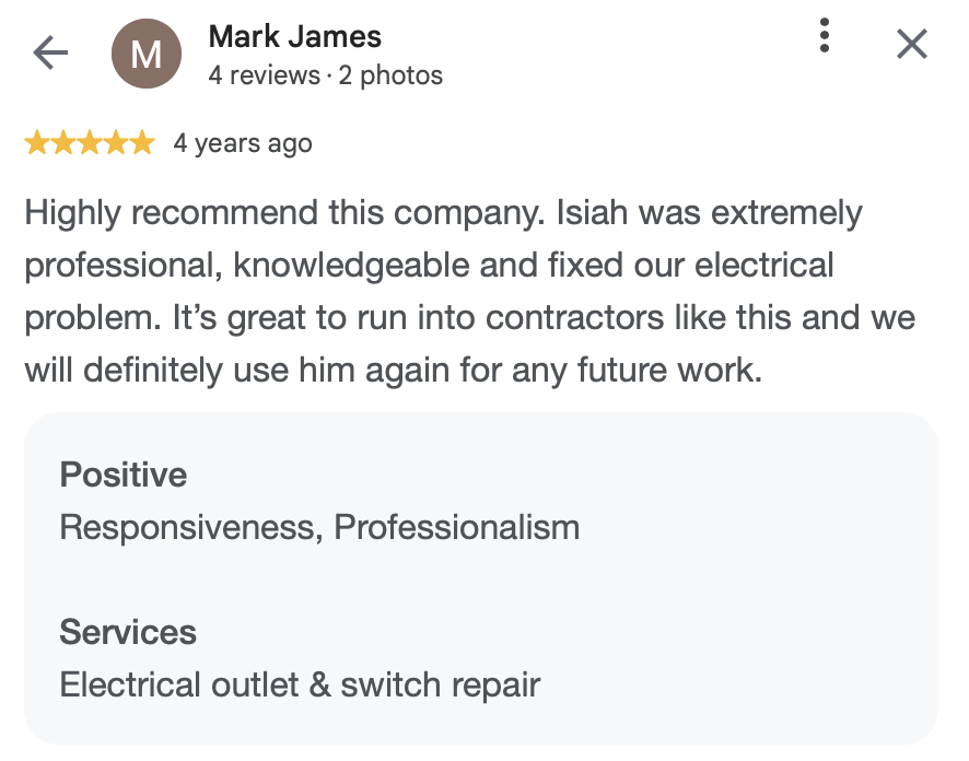 A Google review for an electrical services company, written by Mark James, praising Isiah for his professionalism and expertise in fixing an electrical problem. The review mentions electrical outlet and switch repair services.