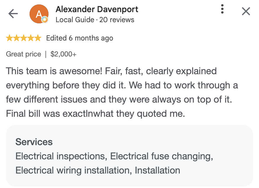 Screenshot of a Google reviews page for Alexander Davenport, a local guide, with five stars and 20 reviews. The review mentions positive experience with fair, fast service and clear explanations, highlighting electrical inspections, fuse changing, wi
