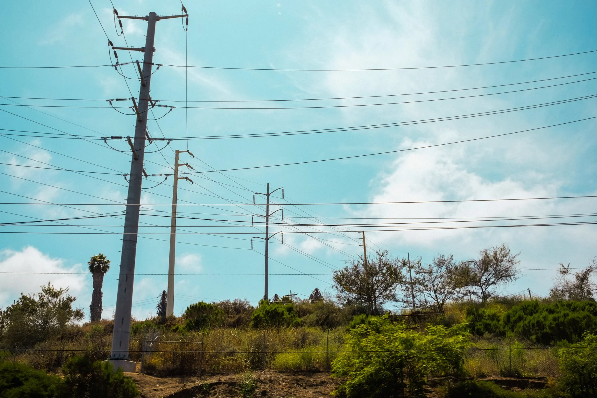 Photo of multiple utility poles with power lines against a partially cloudy blue sky, with trees and bushes at the bottom of the image.