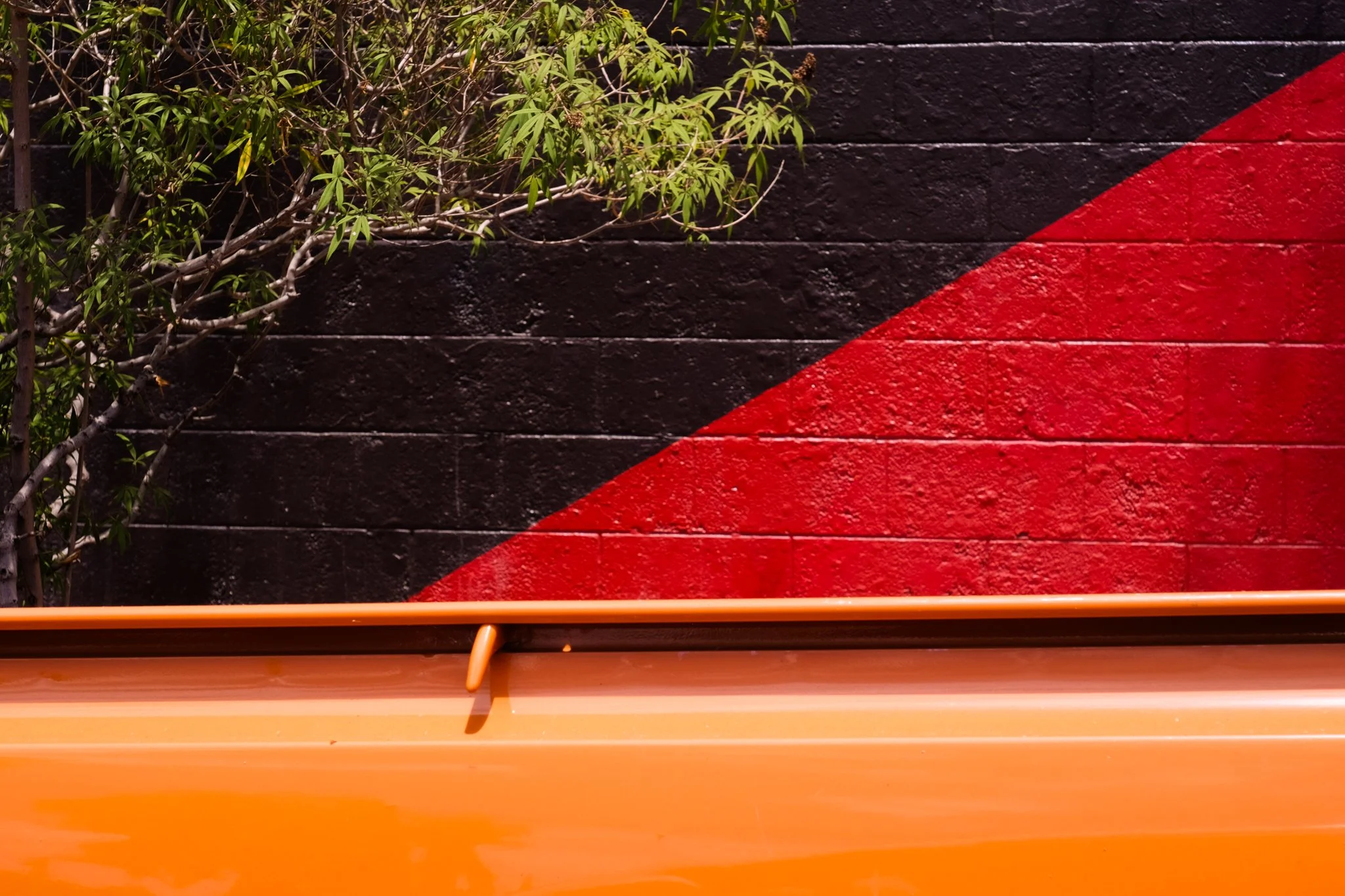 A wall painted with a diagonal design featuring black and red colors, with some green leaves and branches on the left side and an orange railing in front of the wall.