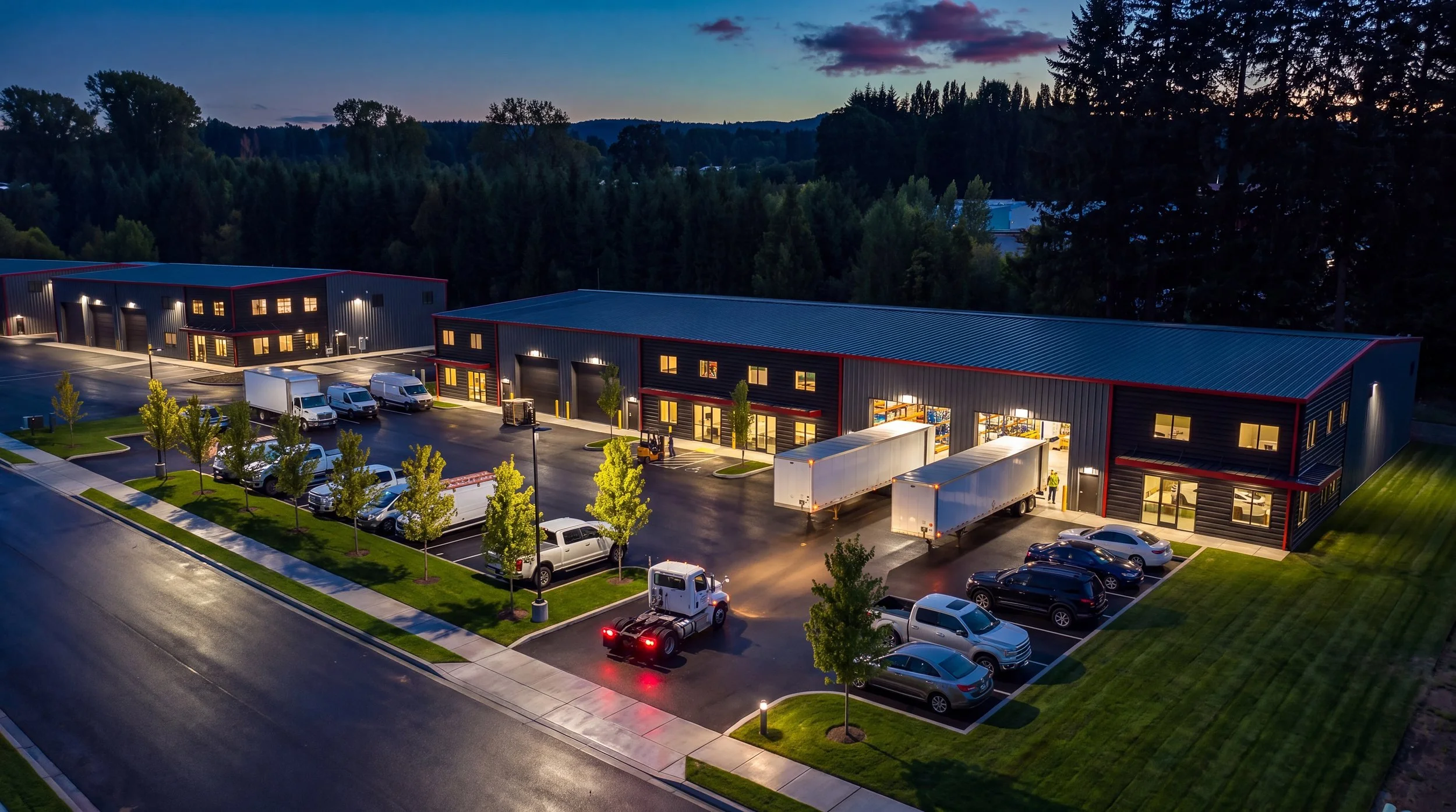 North Fork Industrial at dusk, aerial view of the buildings with lit loading bays and trucks