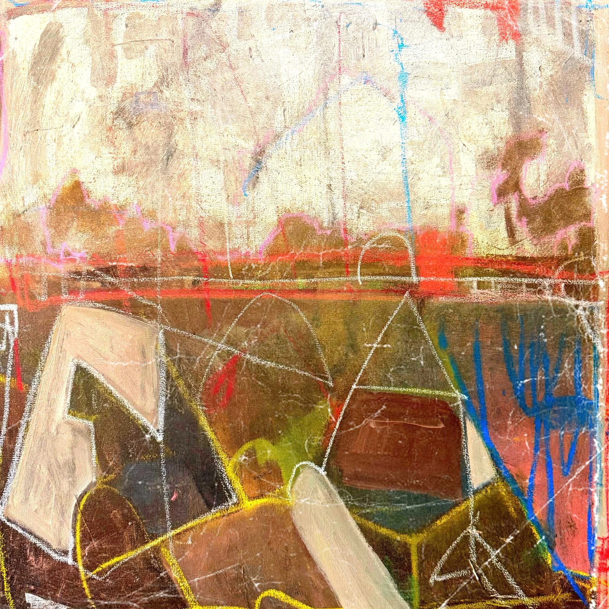 Abstract painting with layered textures, earthy tones of brown, beige, and hints of pink, blue, red, and yellow. Colored lines and shapes are scattered across the canvas.