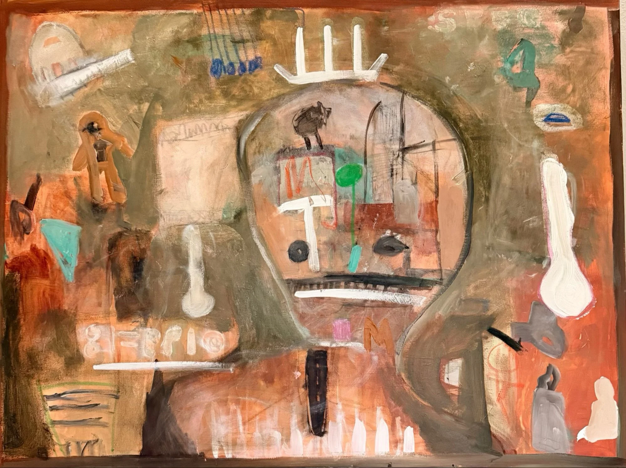 Abstract painting with a mix of warm earth tones and scattered shapes, lines, and colors, including a white halo-like shape at the top center, various painted marks, and some written or stamped text at the bottom left.