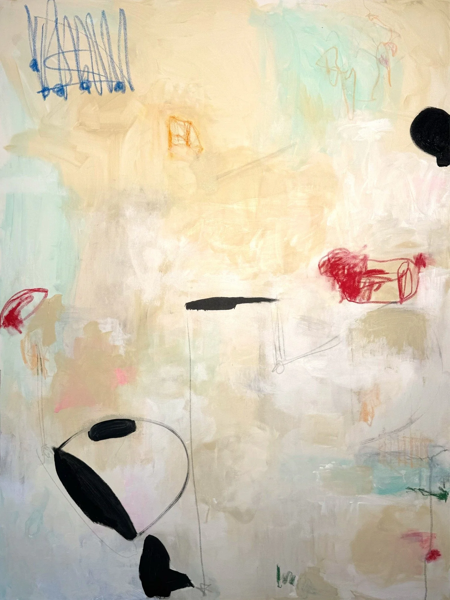 Abstract children’s drawing on a white or cream-colored background, with colorful scribbles and doodles in blue, orange, red, black, and green, some shapes resembling simple figures and objects.
