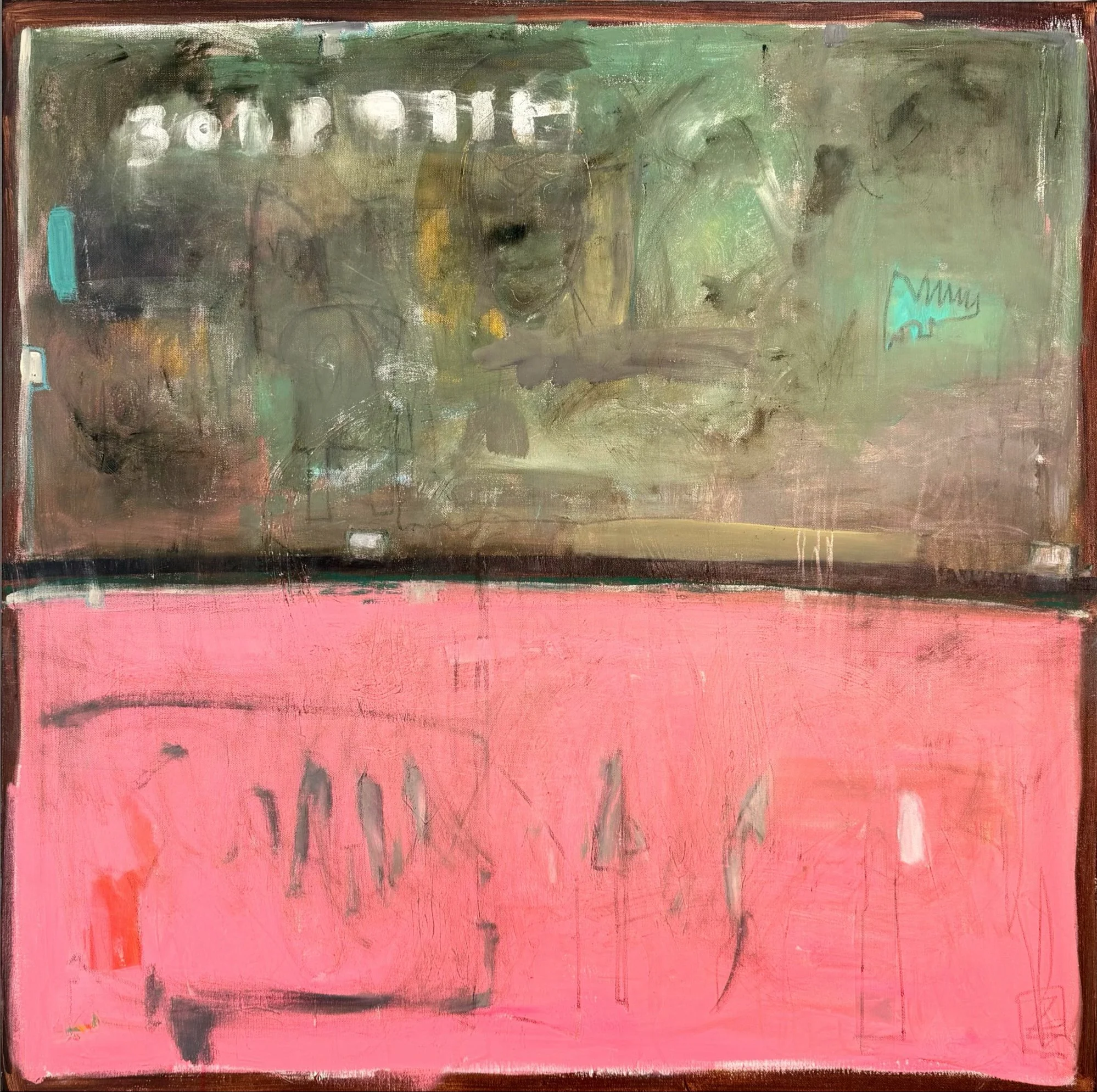 Abstract painting featuring indistinct shapes and the word 'Bond' written in white in the top left corner. The background includes shades of pink, green, and black with textured brushstrokes.