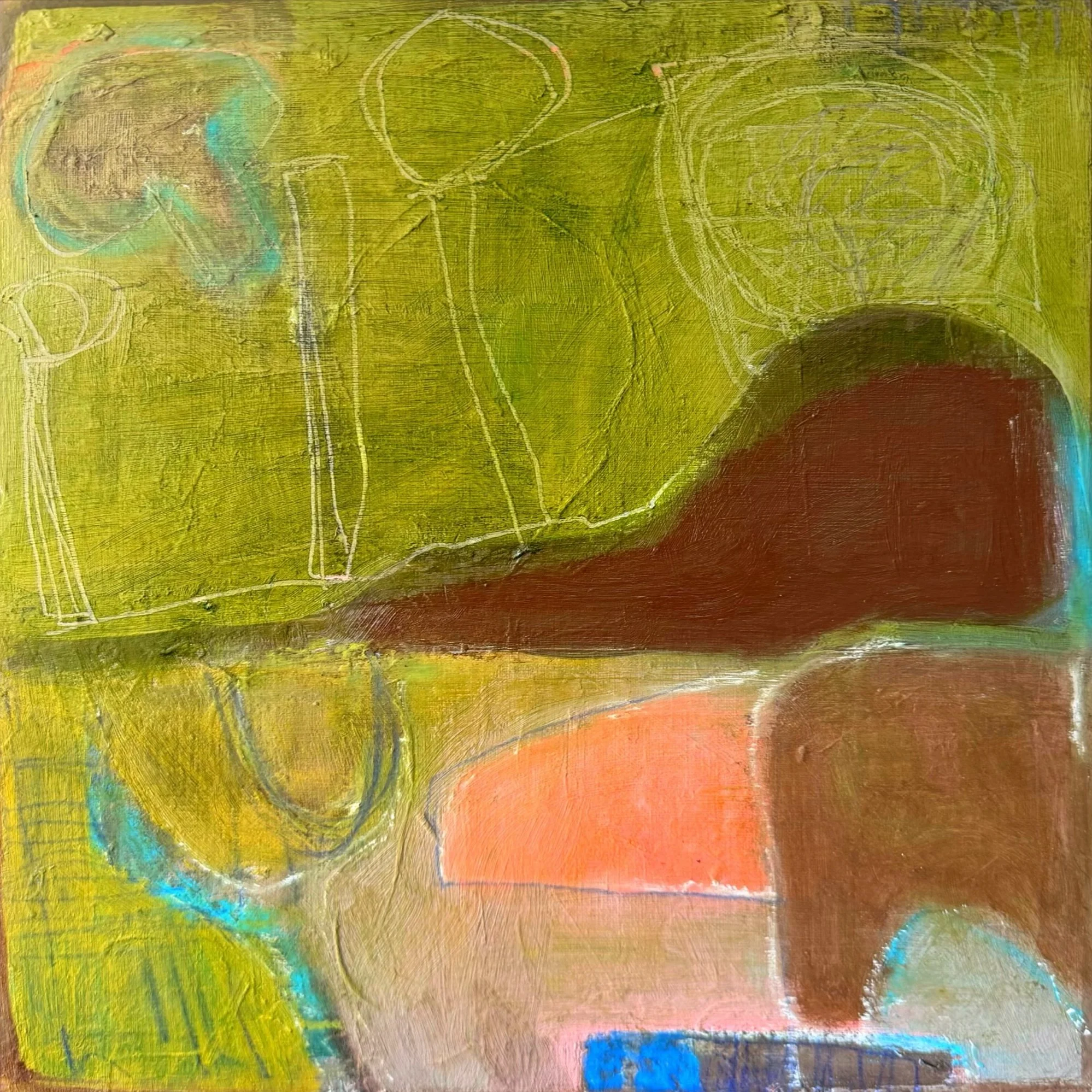 An abstract painting with green, brown, blue, pink, orange, and yellow hues, featuring swirling and linear patterns.