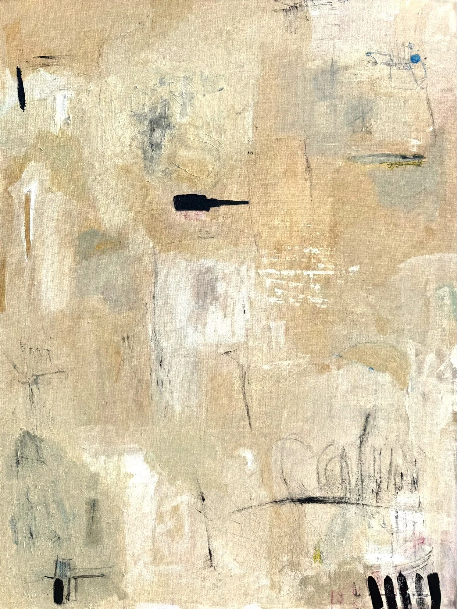 Abstract painting with light beige and off-white background, scattered black, gray, and blue marks, and some faint lines and shapes.