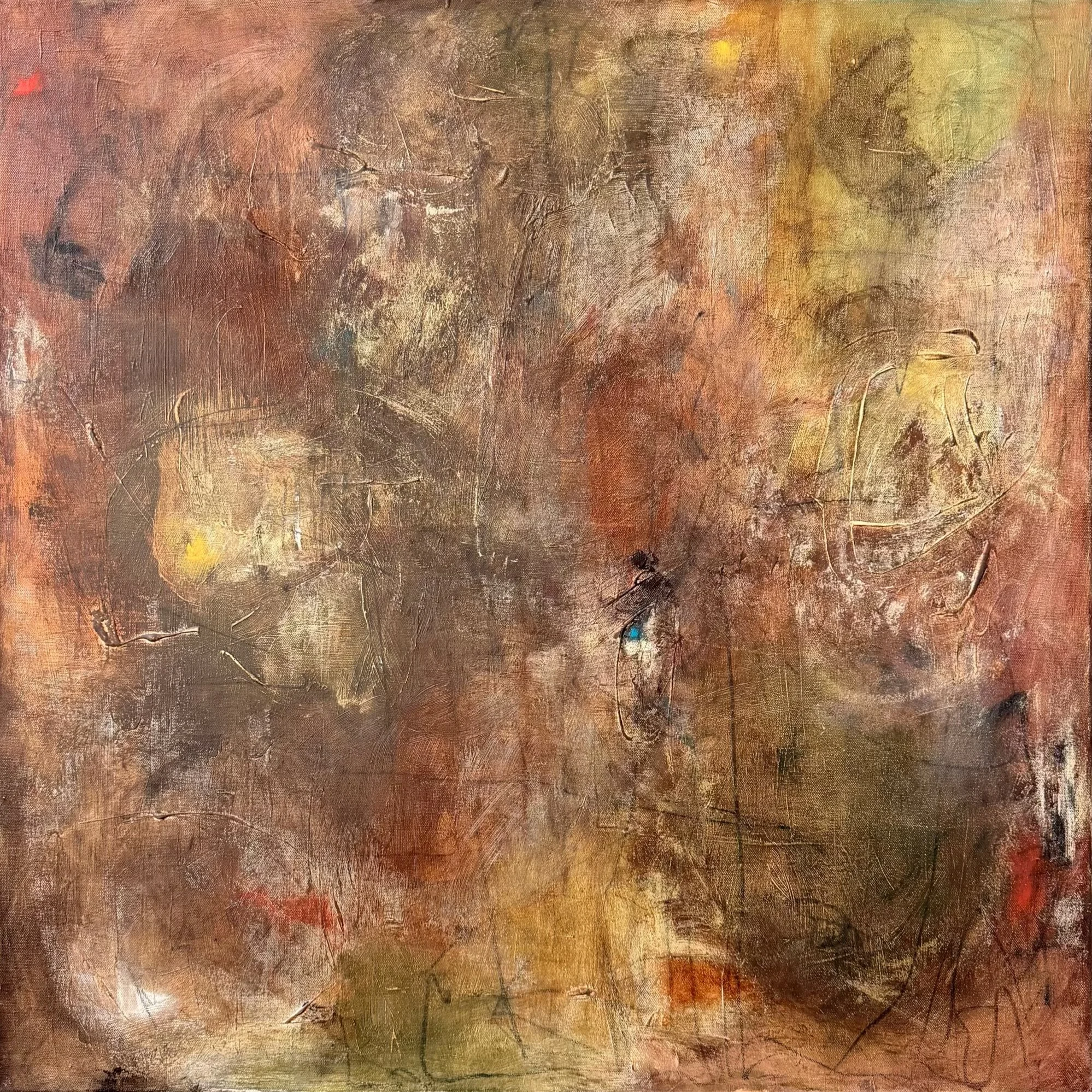 An abstract painting with textured brushstrokes in reddish-brown, yellow, and green hues.