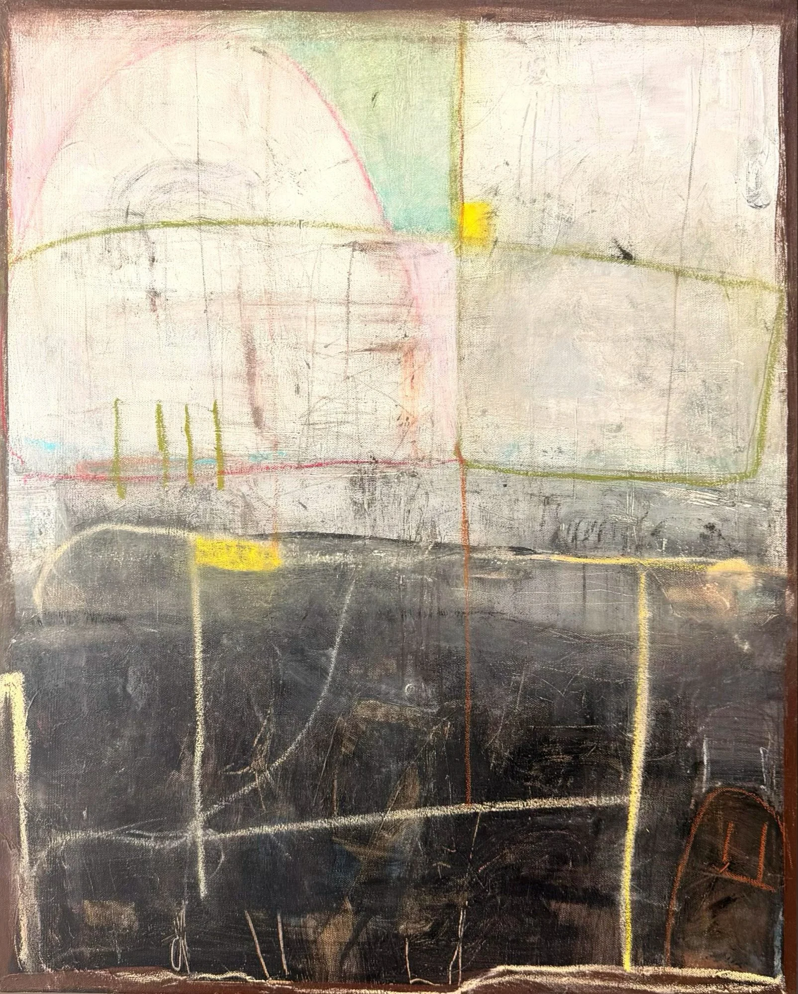 An abstract painting featuring soft pastel colors with lines and shapes in pink, yellow, green, and black on a textured background.